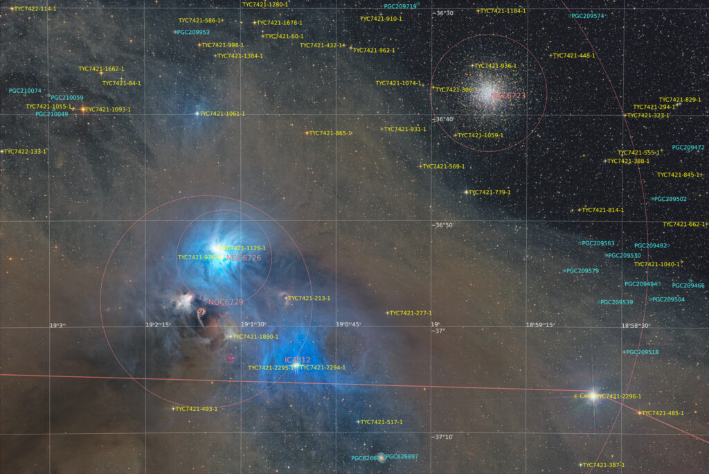 12-inch lacerta remote, NA, astrofotografie, astronomie, astronomy, astrophotography, chandelier cluster, corona australis, corona australis molecular cloud, globular cluster, hakos, hakos guest farm, ias, ias observatory, ias observatory hakos, khomas, kugelsternhaufen, namibia, ngc, ngc6723, ngc6726, ngc6729, reflection nebula, sagittarius, star, star cluster, stars, stern, sterne, sternhaufen, südliche krone, world